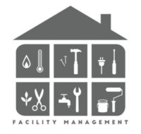 Facility management concept with building and various working tools inside